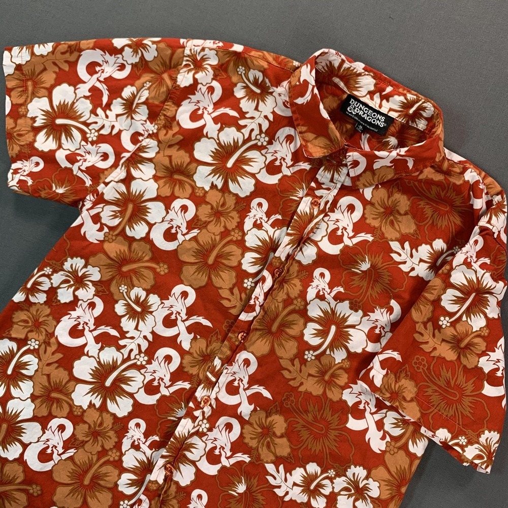 Dungeons & Dragons Shirt Mens M Orange Floral Hawaiian AOP Button‎ Up Camp
